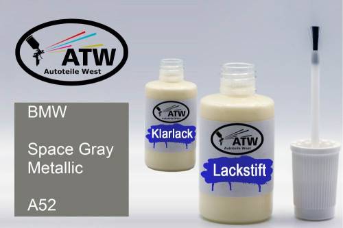 BMW, Space Gray Metallic, A52: 20ml Lackstift + 20ml Klarlack - Set, von ATW Autoteile West.